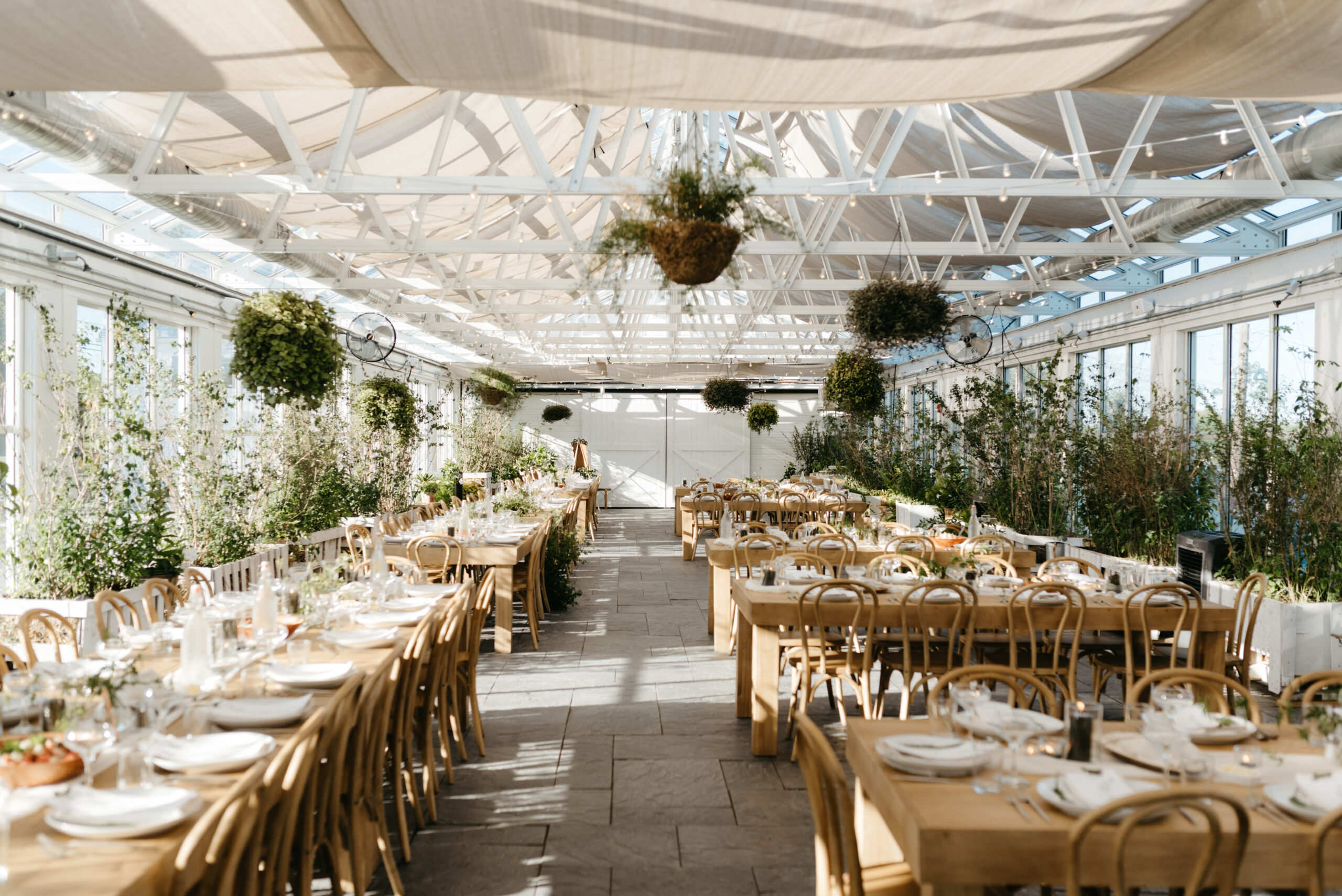 Audrey's farmhouse wedding, interior greenhouse with wooden tables and glass centerpieces surrounded by white florals